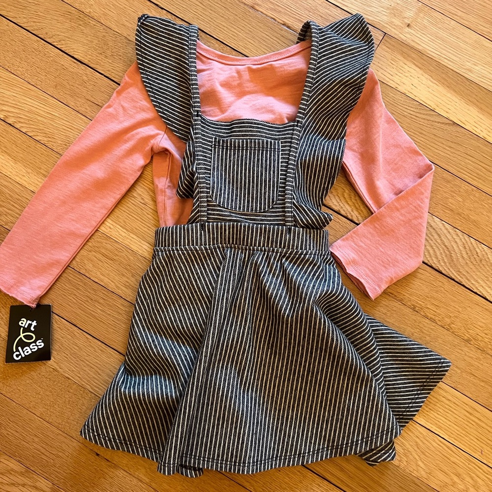 Striped Pinafore Dress with Pink Long Sleeve Top